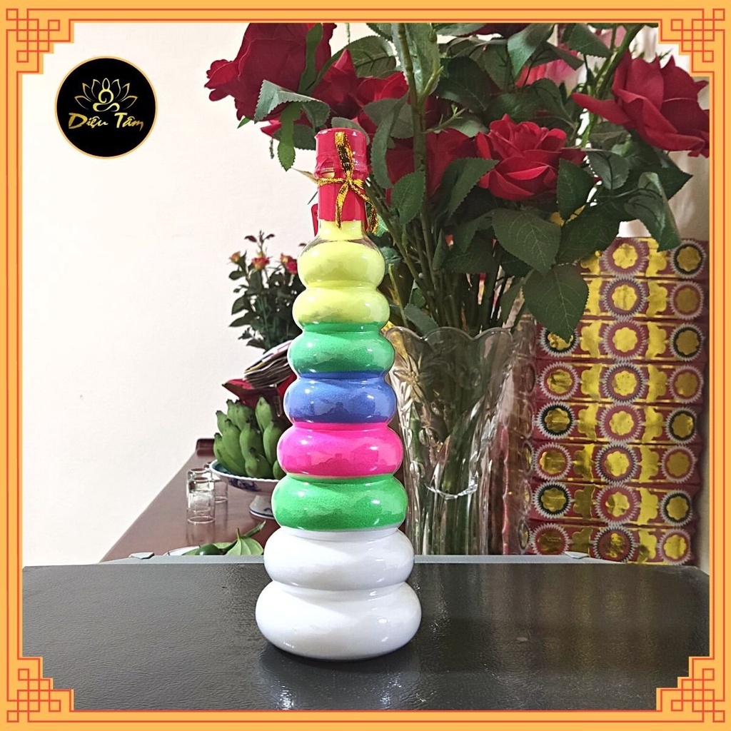 Chai muối ngũ sắc phong thủy bày bàn thờ thần tài đồ thờ cúng.