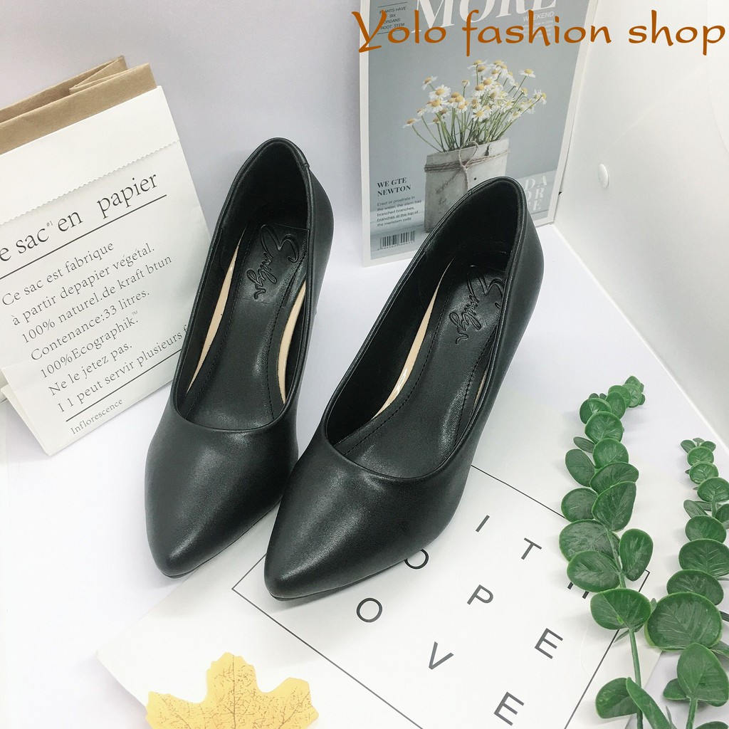 Giày cao gót nữ da lì đế vuông 7cm phối kim loại dáng basic hàng VNXK da mềm êm chân -HC08