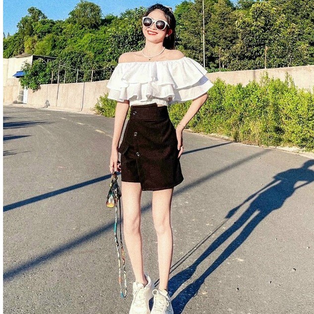 Set áo trễ vai phối bèo kèm chân váy dễ thương cho nữ đi chơi dự tiệc
