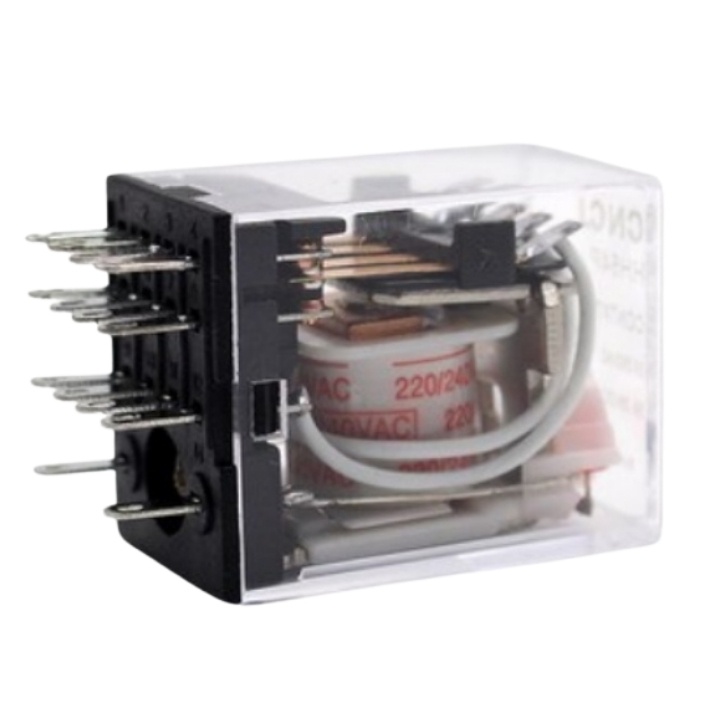 Relay trung gian MY4N-J rơ le kiếng 14 chân dẹp nhỏ có đèn điện áp 12VDC, 24VDC, 220VAC kết hợp chân đế PYF14A