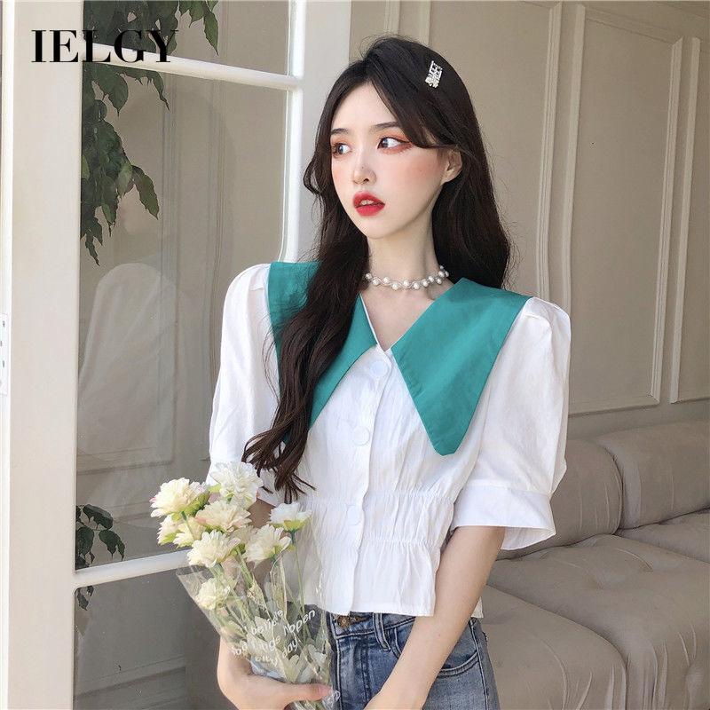 Áo sơ mi IELGY tay ngắn cổ chữ V phối màu sành điệu phong cách Pháp cho nữ