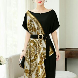 Đầm suông bigsize phối silk lụa họa tiết sang trọng