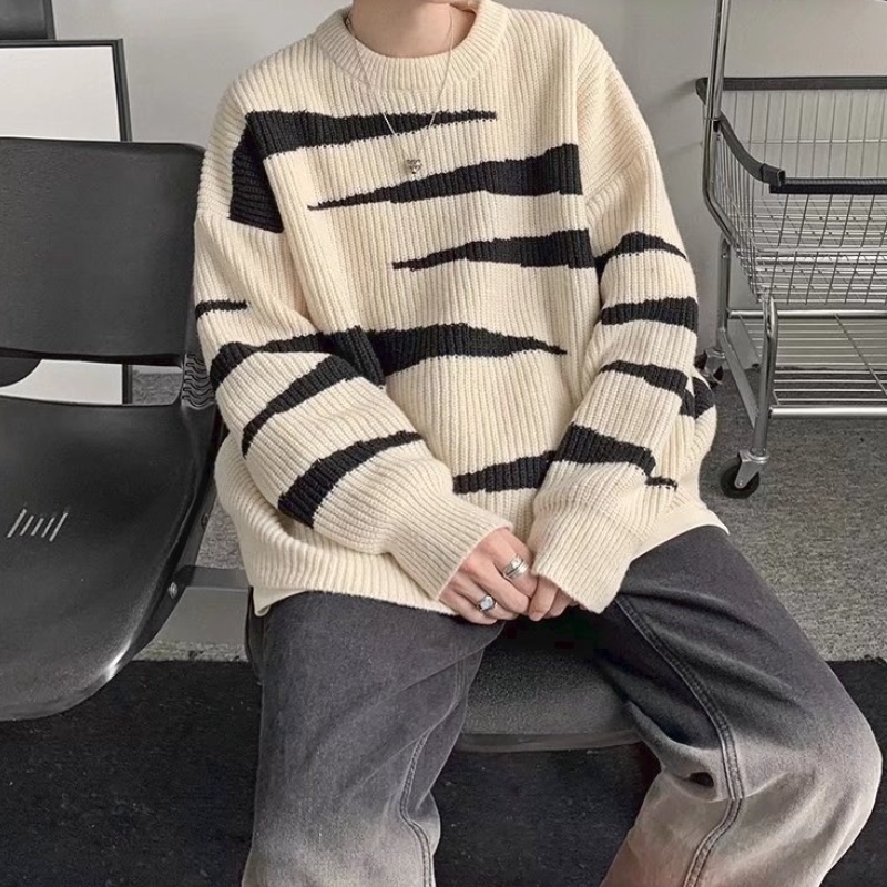 Áo sweater tay dài cổ tròn họa tiết kẻ sọc phong cách retro hàn quốc dành cho nam