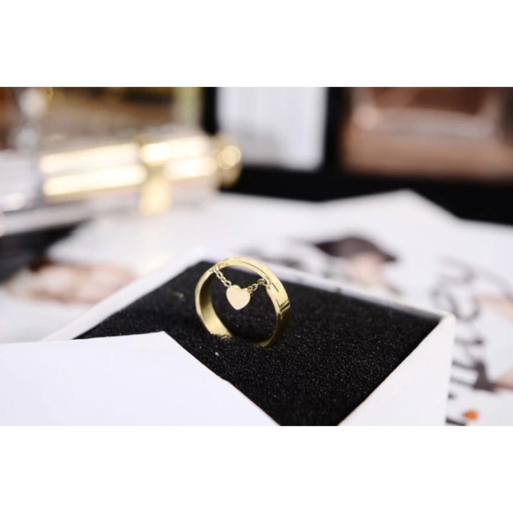 NHẪN TITAN CHẠM SỐ LA MÃ CÁCH ĐIỆU TRÁI TIM VÀNG TƯƠI (freesize) - tặng hộp đựng cực xinh