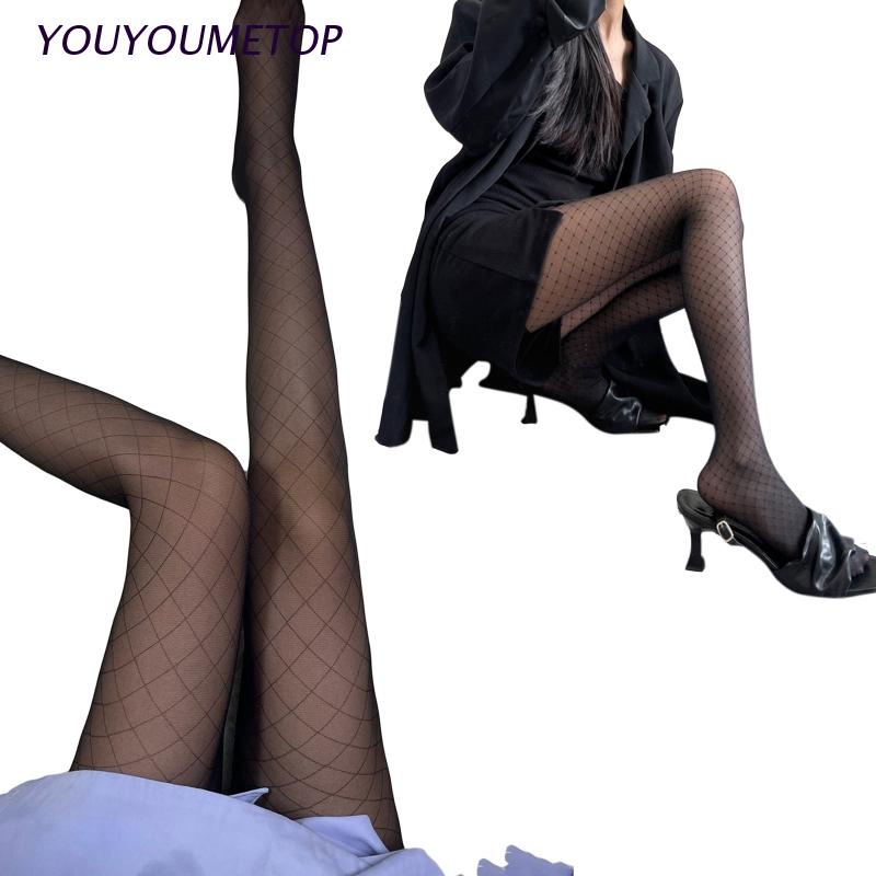 Youyo Quần Tất Lưới Sọc Caro Siêu Mỏng Màu Đen Quyến Rũ Cho Nữ
