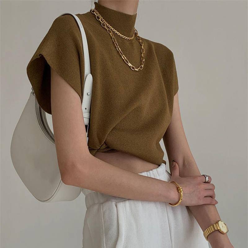 Áo Thun Dệt Kim Cổ Cao Tay Cộc Dáng Rộng Thời Trang Xuân Hè Cho Nữ