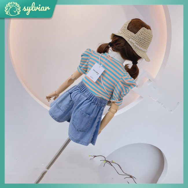 Bộ 2 Món Áo Cotton Tay Phồng + Chân váy jean Thời Trang Mùa Hè Cho Bé Gái 4-8 Tuổi