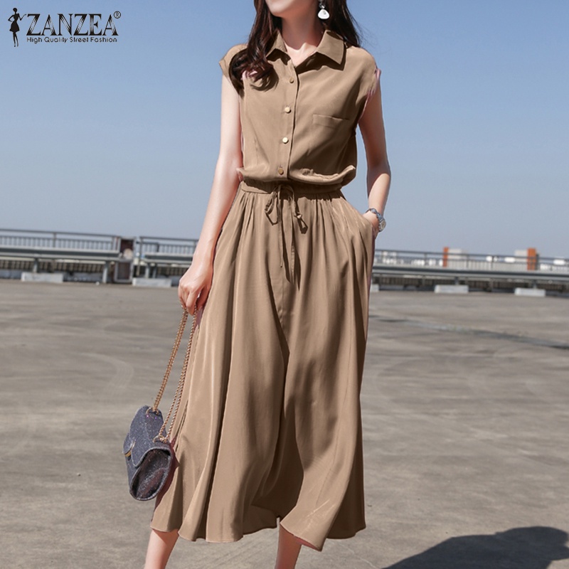 Đầm dài không tay màu trơn ZANZEA thời trang cho nữ