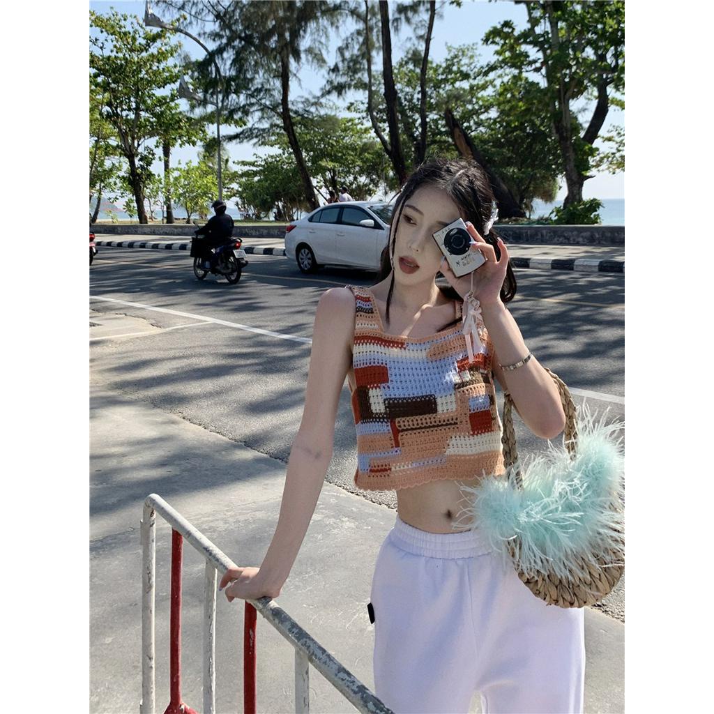 Áo Dệt Kim Sát Nách Dáng Ngắn Màu Sắc Tương Phản Thời Trang Mùa Hè 62159