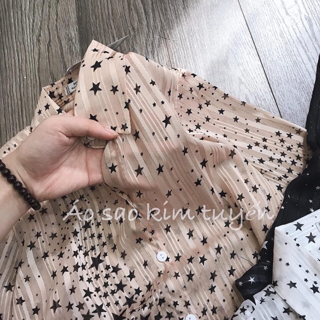 Áo sơmi tơ họa tiết ngàn sao, áo dài tay