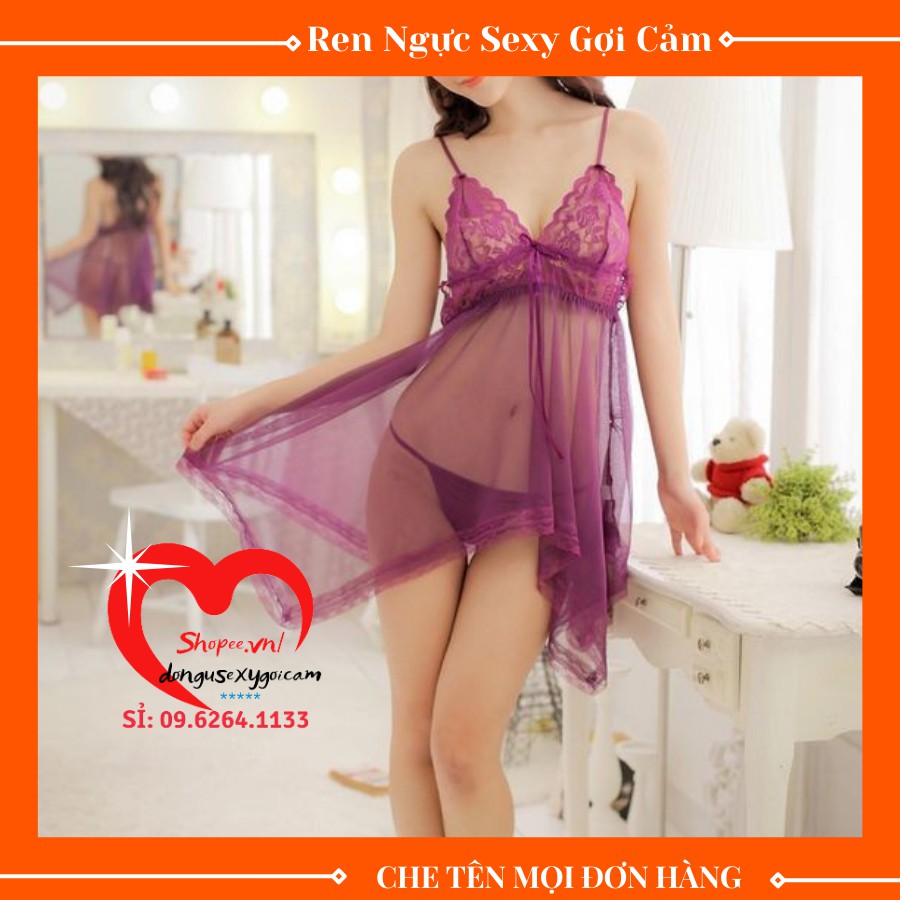 Váy Ngủ Sexy Bigisize ,đầm ngủ 2 dây nữ thun ren mềm mại Sexy mỏng xuyên thấu  Giá Rẻ Gợi Cảm Kèm Quần Lọt Khe-SEXY MỎNG