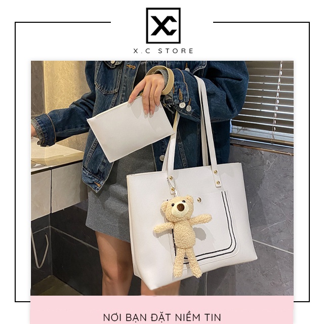 [Giảm 50K & Tặng Ví Da] Túi tote da kèm gấu nữ XC-1078, da trơn đựng giấy a4 laptop kiểu túi tote công sở