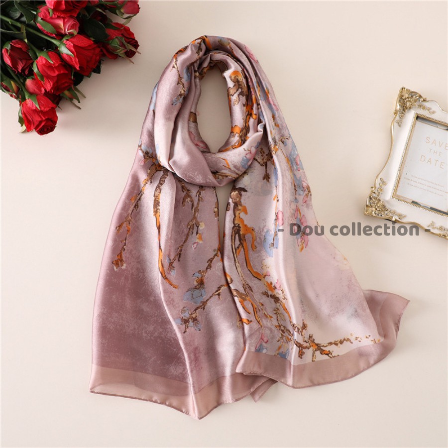 [Nowship2h] Khăn Choàng Quàng Cổ Lụa Cao Cấp Họa Tiết Hoa Du Lịch Mùa Hè Đi Biển - Chất Liệu Silk - 90x190cm - Mã KS005