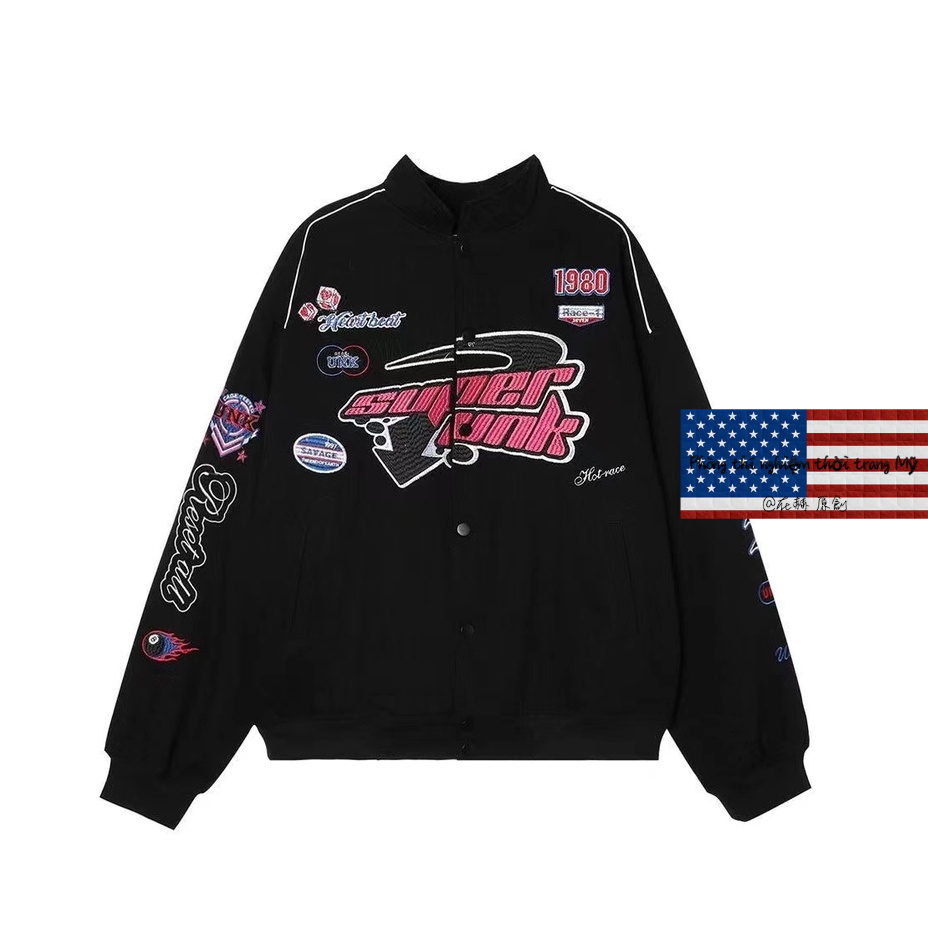 Phong cách Vintage Street Trend 1980 Quần áo đua xe ins Crack Baseball Jacket Klein Blue Jacket Cặp vợ chồng Blast Street Locomotive Jacket Sinh viên rộng thùng thình cộng với kích thước màu đen Jacket ins