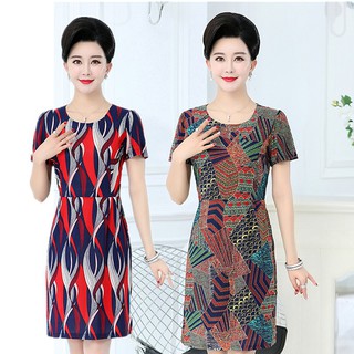VB▽✁áo mẹVáy liền ngắn tay dáng dài vừa và cho người trung niên Già Size Lớn co giãn mẹ 4050 tuổi