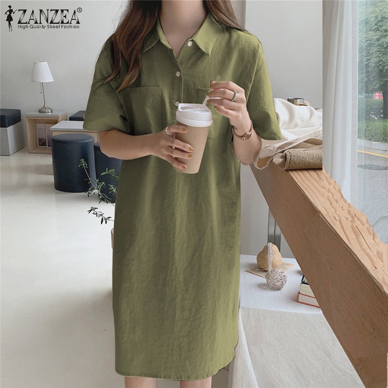 Đầm ZANZEA dáng rộng cổ bẻ ngắn tay thời trang cho nữ