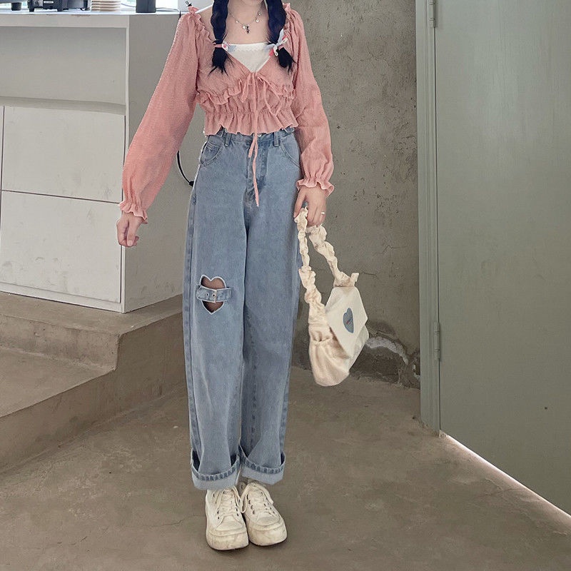 Quần jeans dài ống suông rách đùi cách điệu hình trái tim phong cách thời trang | BigBuy360 - bigbuy360.vn