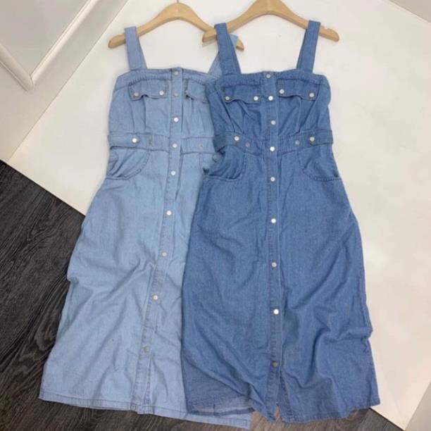 Váy jeans QCCC (bò) hai dây bản to - cúc bấm (~100cm)