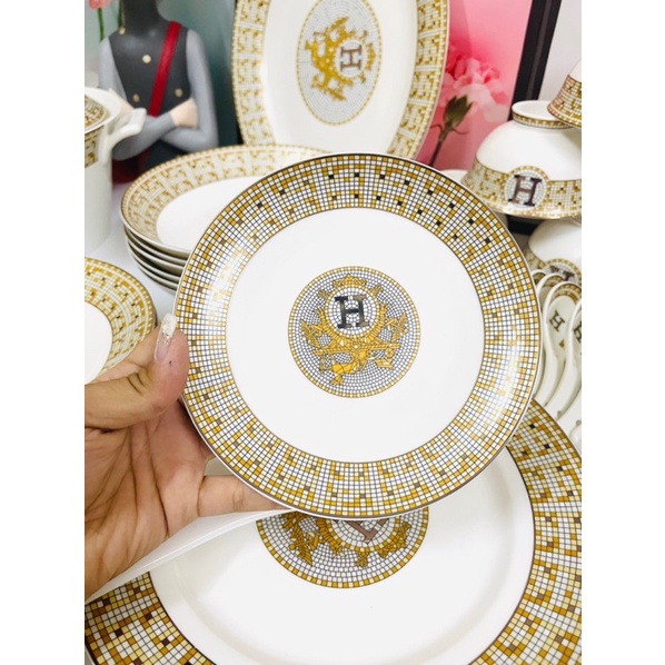 BỘ BÁT ĐĨA SỨ XƯƠNG CHỮ H🍀ẤM CHÉN SỨ XƯƠNG🍀PHỤ KIỆN CÙNG BỘ