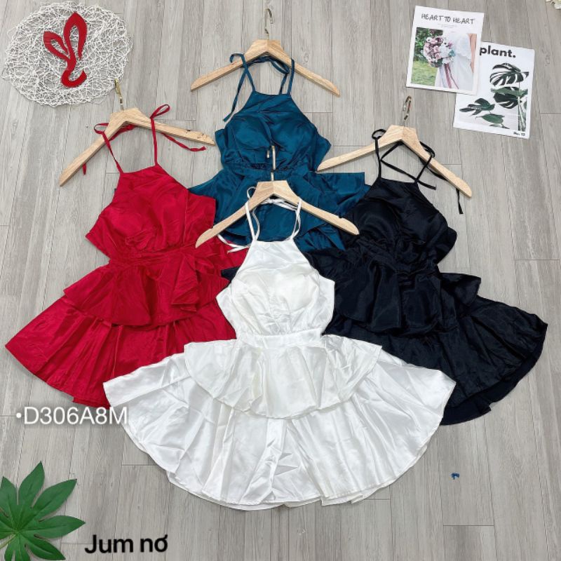 Đầm Lụa Thiết Kế Đi Tiệc Váy Yếm Xòe 2 Tầng Dây Cột Nơ Lưng Satin Lụa Cao Cấp