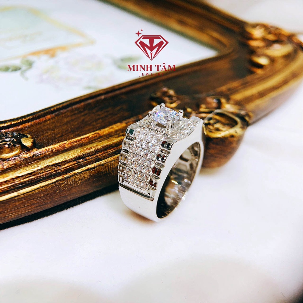 Nhẫn nam bạc xi kim bạc 950 đính đá viền xung quanh đá chủ 5 ly Minh Tâm Jewelry