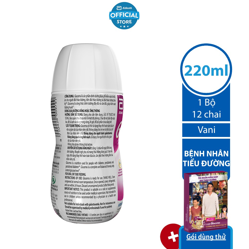 [Tặng 1 gói dùng thử Glucerna lúa mạch] Bộ 12 chai Sữa nước cho người bệnh tiểu đường Glucerna 220ml/chai