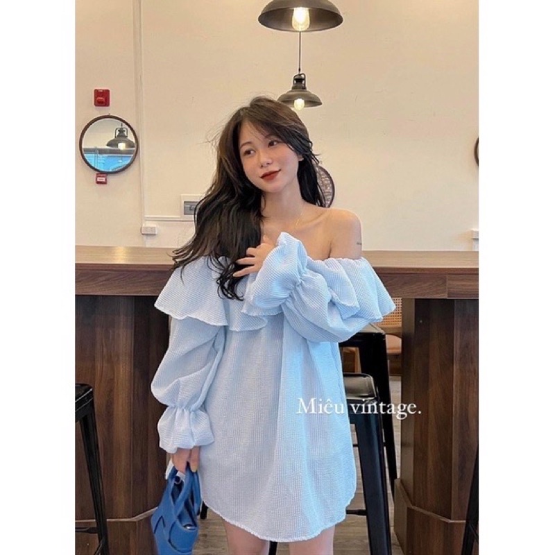 [SẴN/VIDEO] ÁO VÁY TRỄ VAI KẺ XANH BÈO TAY BO SIÊU XINH DỄ MẶC