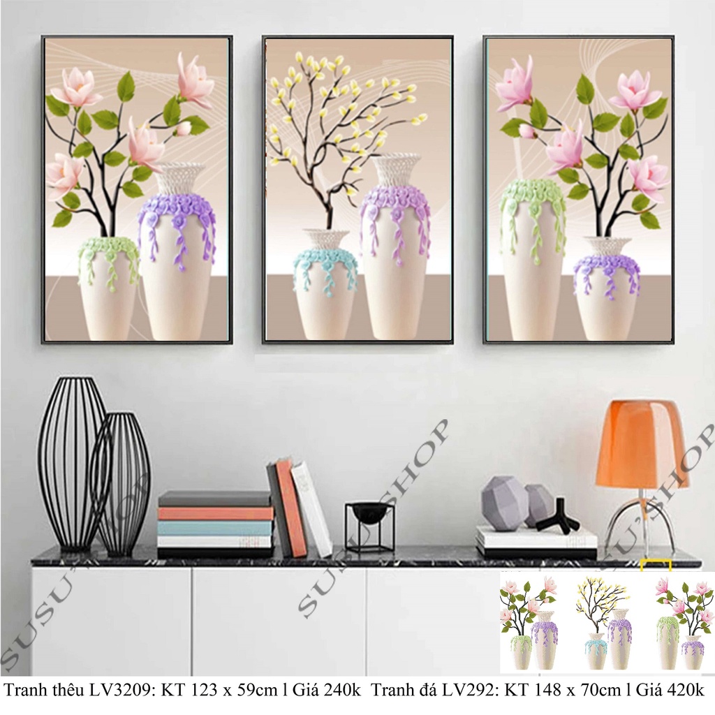 Tranh thêu chữ thập, tranh đính đá bộ ba bình hoa LV3209 (123 x 59 cm), LV292 (148 x 70 cm)