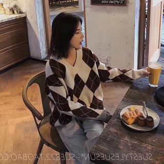 [ Video hình thật ] áo len cổ tim - len hoạ tiết caro