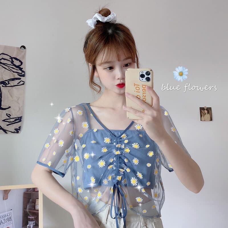 Sét croptop 2 món voan hoa cúc rút dây siêu đẹp Xưởng sỉ nguyễn hoa