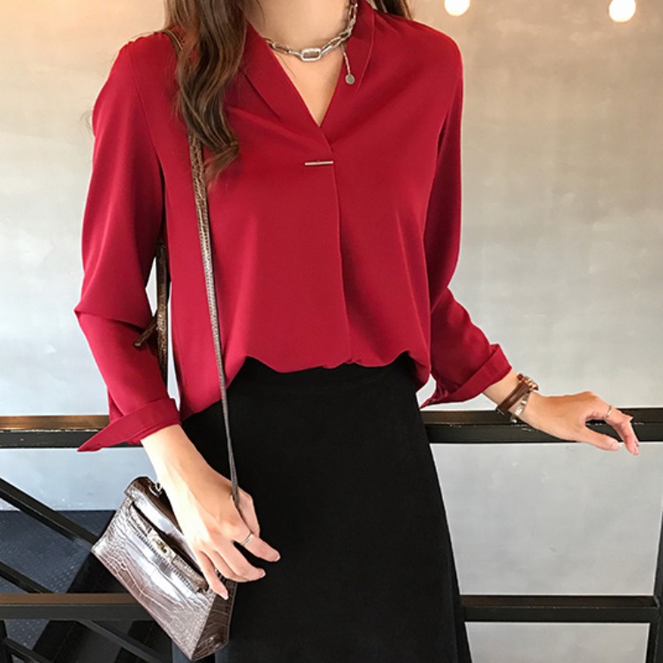 Áo sơ mi cổ V tay dài màu trơn thời trang cho nữ