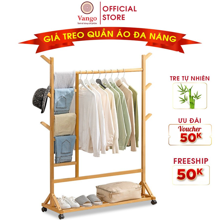 Giá kệ treo quần áo đa năng gỗ tre tự nhiên Vango V5 cao cấp, Phong cách nội thất hiện đại, sang trọng