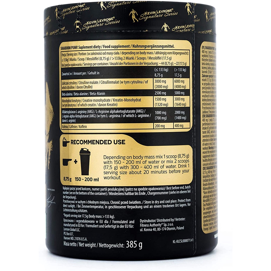 Kevin Levrone Shaaboom Pump Pre Workout Tăng Hiệu Suất Tập Luyện Giúp Phát Triển Cơ Bắp 385 Gram (44 Lần Dùng)