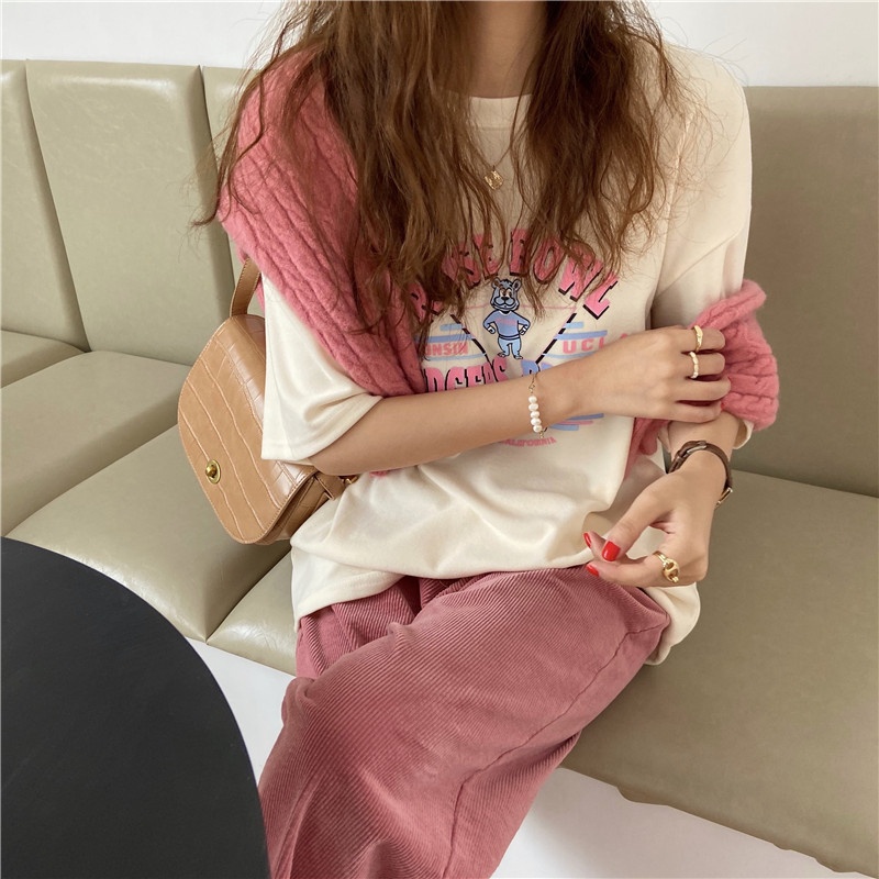 Áo thun nữ tay ngắn cổ tròn in chữ thời trang mùa hè phong cách Hàn Quốc