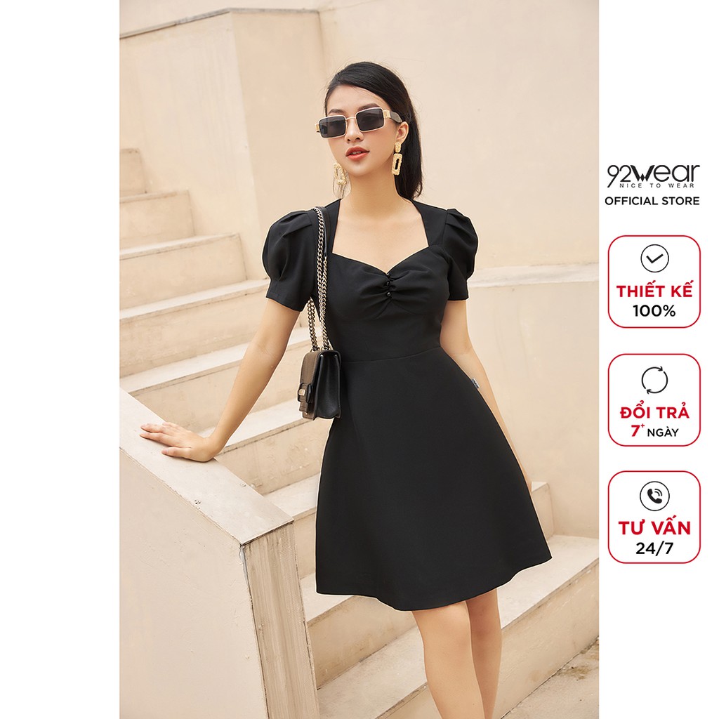 Đầm váy nữ công sở 92WEAR (3 MÀU) đủ size, dáng xòe rút nhún ngực DEW0990