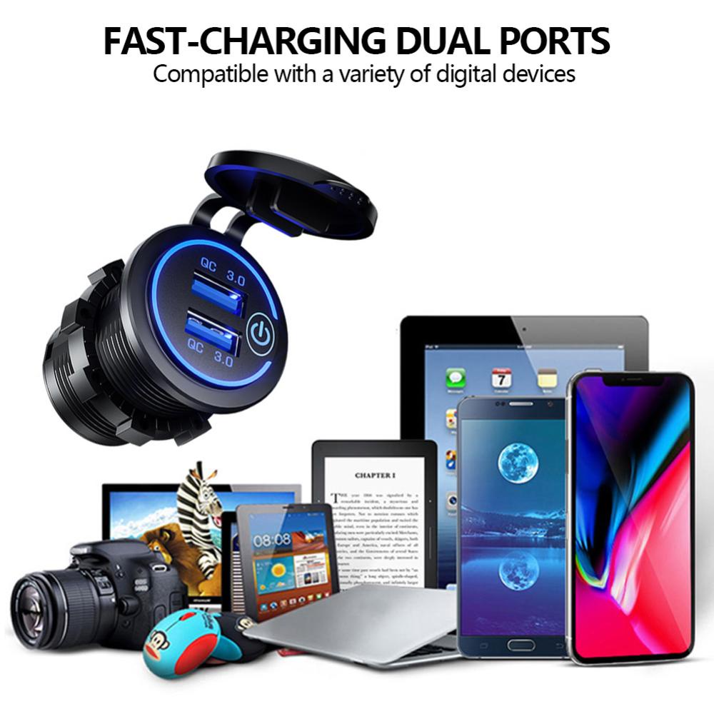 Cốc Sạc Nhanh QC3.0 2 Cổng USB 12V/24V Sang 5V Chống Nước Có Công Tắc Cảm Ứng Cho Xe Hơi F5X2