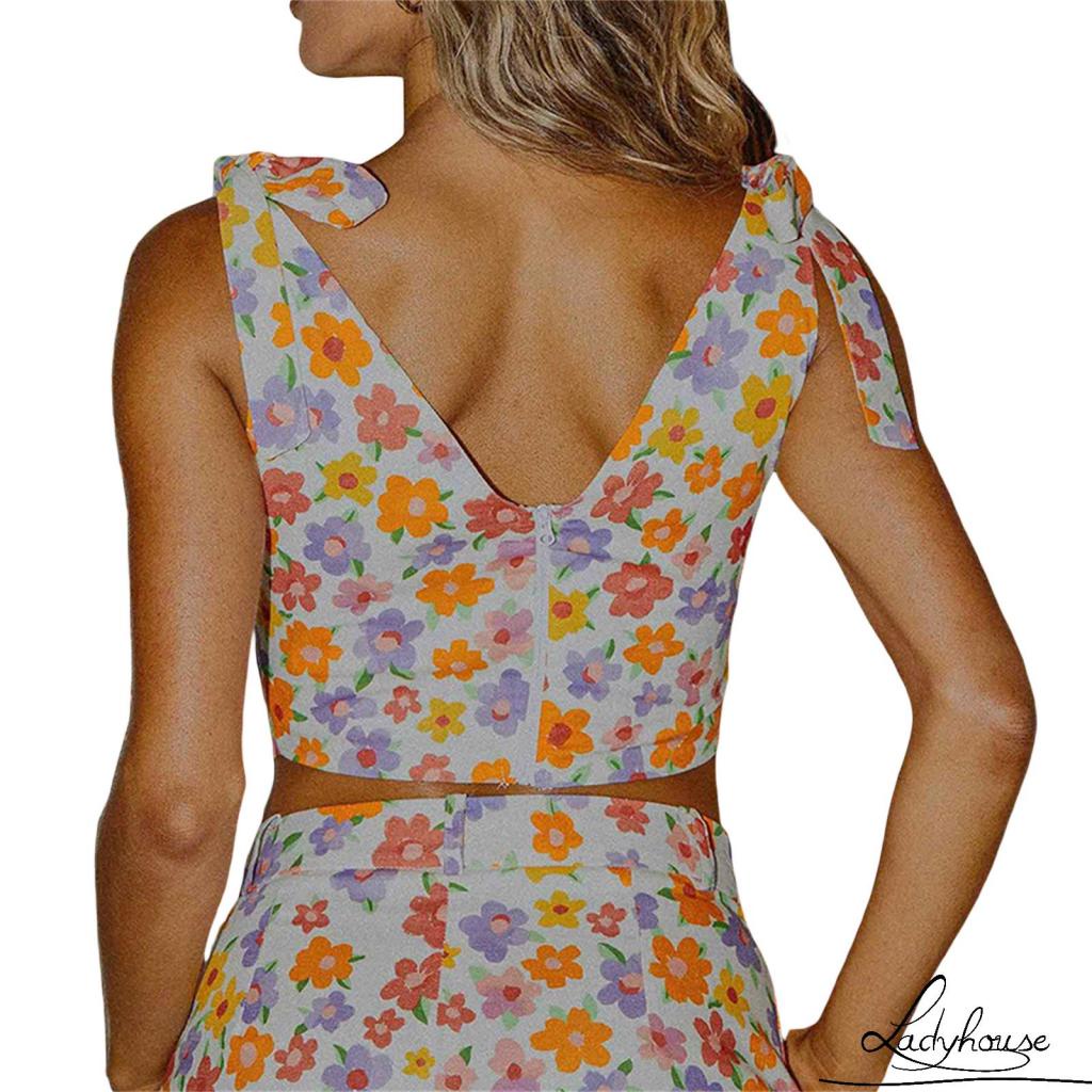 Áo Croptop Hai Dây Cổ Chữ V Không Tay In Họa Tiết Hoa Có Khóa Kéo Sau Lưng Cho Nữ
