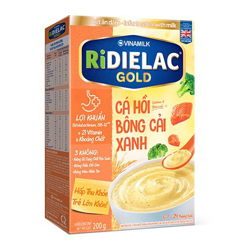 Bột ăn dặm Vinamilk RiDielac Gold Cá Hồi Bông Cải Xanh - Hộp giấy 200g - Hộp thiếc 350g