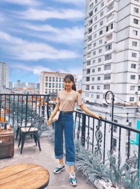 Quần culottes baggy jeans ống rộng lật lai lưng cao ulzzang