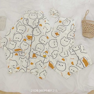 Bộ ngủ áo tay ngắn cổ vest 2 túi + Quần dài + Cột tóc ullzang thời trang nữ VM Shop 21DB06EP1401