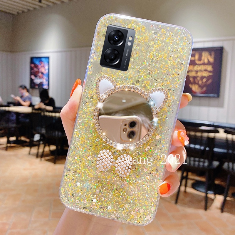 Ốp Điện Thoại Silicon Mềm Đính Đá Lấp Lánh Gắn Kèm Gương Trang Điểm Và Nơ Dành Cho OPPO A77s A77 5G A57 4G 2022
