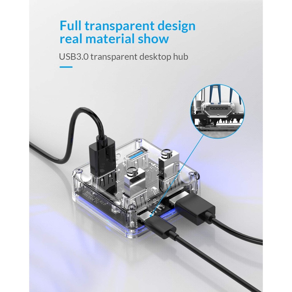 Hub bộ chia cổng usb Orico MH4U-U3 ra 4 cổng USB 3.0 5Gbps vỏ trong suốt  - Hàng Chính Hãng