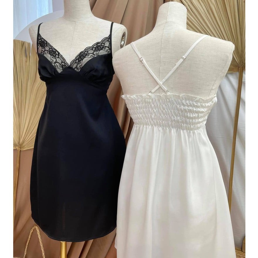 Đầm ngủ 2 dây lụa satin viền ren