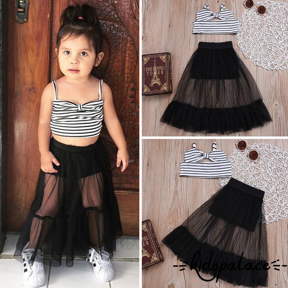 Áo crop top vải tuyn xòe sọc ngang đáng yêu cho bé gái