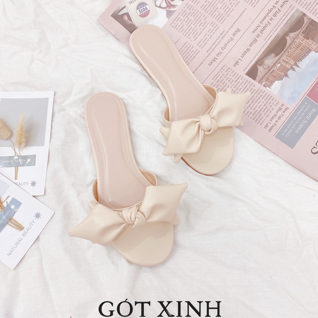 Dép nơ GÓT XINH GX4 màu xanh lá đế bệt da mềm