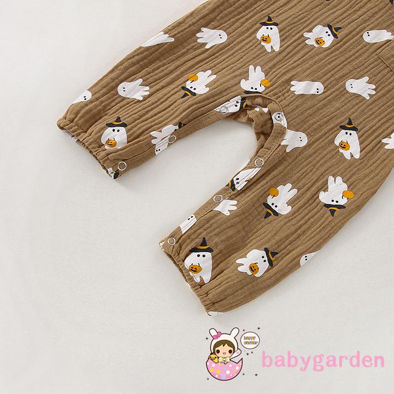 Áo Liền Quần Tay Dài Cổ Tròn In Hình Ma Bí Ngô Có Nút Và Túi Cho Bé 0-18 Tháng Tuổi