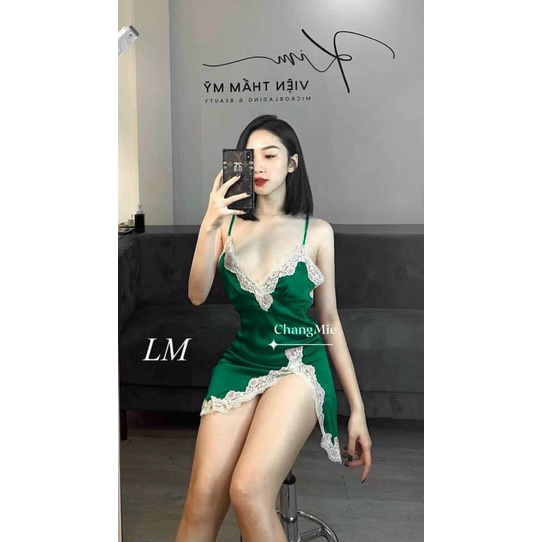 Đầm ngủ 2 dây phối ren xẻ đùi, lụa Satin cao cấp mềm mại, kèm quần đùi gợi cảm, freesize dưới 65kg - SHOP HUYỀN TRANG