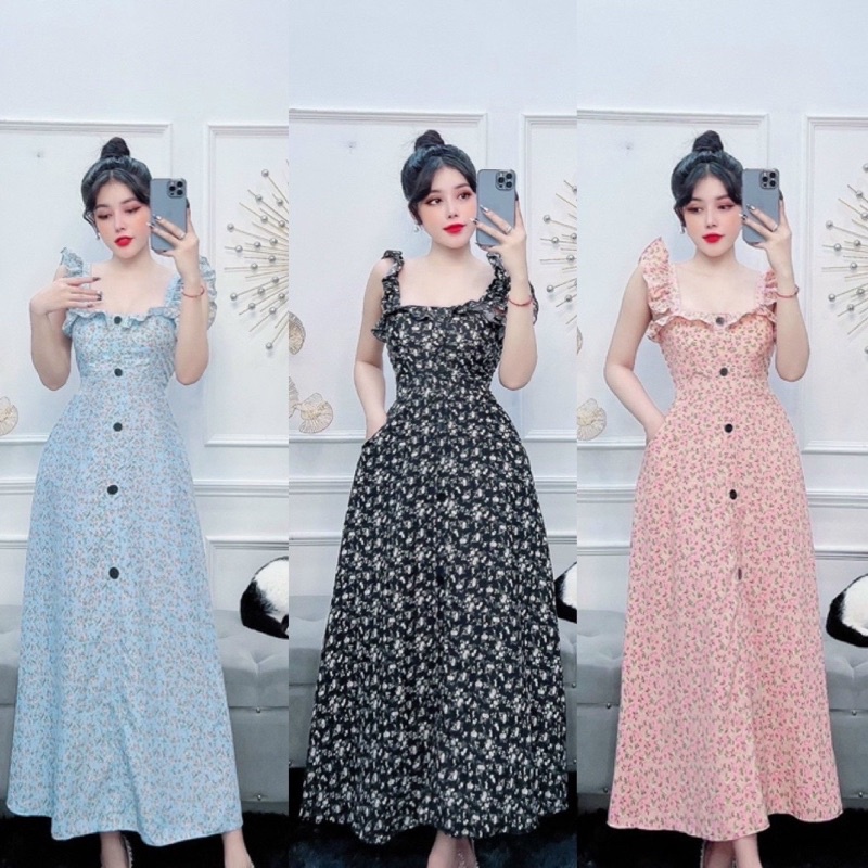 Đầm bông hai dây phối cúc dáng dài đầm maxi bông kèm mút sẵn Linh htt