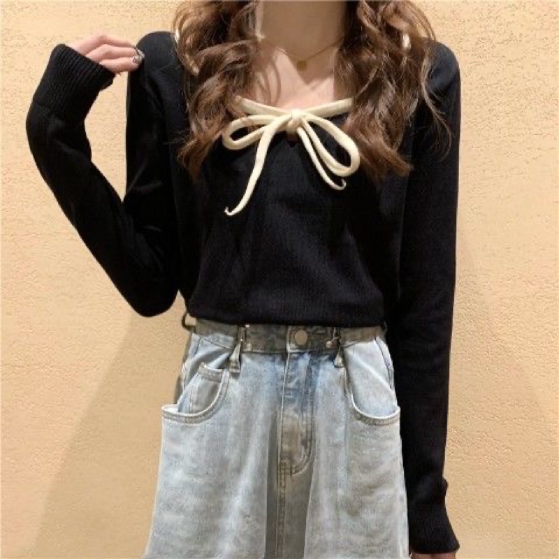 Áo len dệt kim cổ vuông buộc vạt dài tay cổ vuông freesize phong cách Hàn Quốc
