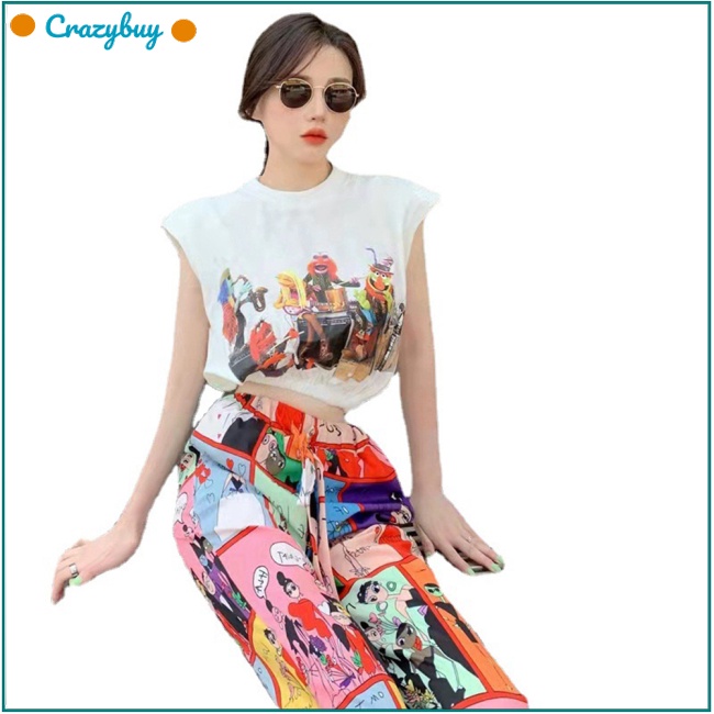Cr Set 2 Món Áo Croptop Sát Nách + Quần Dài Ống Rộng In Họa Tiết Graffiti Thời Trang Cho Nữ